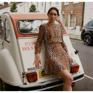 RIXO Kyla Tan & Black Leopard Burnout 100% Silk 3/4 Sleeve Mini Dress Sz XXS